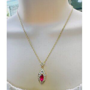 Vintage Attwood & Sawyer Ruby and White Rhinestones Gold Tone Pendant Necklace